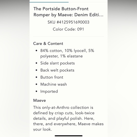 Anthropologie NWT The Portside Button-Front
Romper by Maeve: Denim Edition 4. - Picture 5 of 13